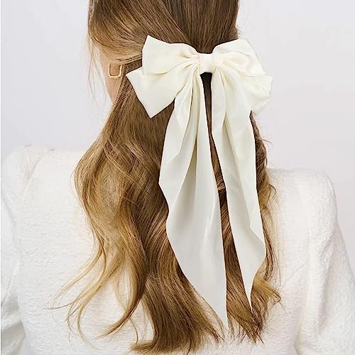 2 Pcs Silky Satin Hair Bows,Big Hair Bows for Women Hair Ribons Oversized Long Tail White Hair Bow Black Hair Bow Large Hair Barrettes for Women French Barrettes Metal Clips Hair Clip (White+Black)