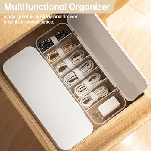 Cable Organizer Storage Box with 7 Wire Ties, Desktop Cable Management Box with Lid, Power Cord Organizer with 7 Compartments for Office, Home, Desk Accessories Storage Stationery Supplies White
