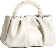 Evening Purse Women Small Pearl Handbags Soft Leather Ruched Bag Wedding Bridal Clutch Party Prom Crossbody Purses - White