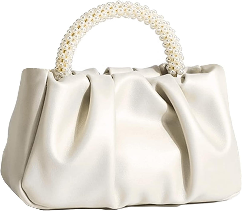 Evening Purse Women Small Pearl Handbags Soft Leather Ruched Bag Wedding Bridal Clutch Party Prom Crossbody Purses - White