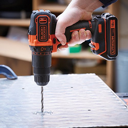 BLACK+DECKER Cordless Hammer Drill,18V, 1.5Ah Li-Ion Battery, 10 Torque Settings, 21,000 BPM, Variable Speed, Keyless Chuck, Includes Kitbox, for Wood, Metal, Masonry, Orange - BCD700S1K-GB