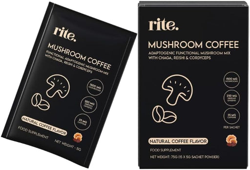 Rite Functional Coffee, Arabica Instant Coffee with Adaptogenic Mushrooms for Better Energy, Focus, Digestion & Immunity, 35mg Caffeine per serving (Pack of 15)