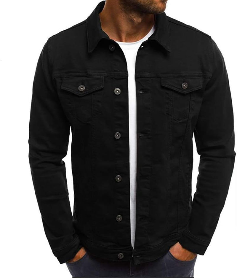 Men's Casual Classic Denim Jacket Slim Fit Fashion Jean Coat - Black