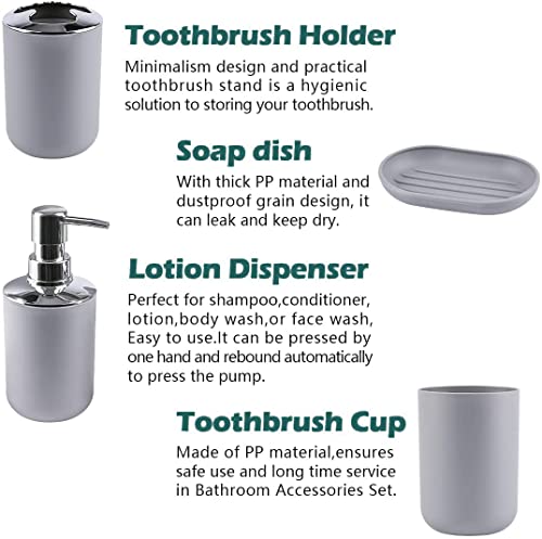 Arabest Bathroom Accessories Set, 6 Piece Plastic Bath Ensemble Bathroom Sets Accessories, Bathroom Decor Sets Accessories for Decorative Countertop and Housewarming Gift (Grey)
