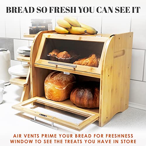 Arise Stylish Bamboo Bread Box for Kitchen Countertop, Extra Large 2-Shelf Wooden Bread Storage Container with Clear Windows and Air Vents Keep Bread, Bagels and Rolls Fresh, Self Assembly