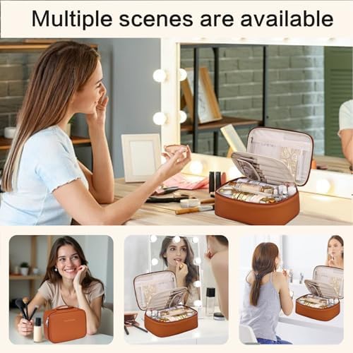 Large Makeup Bag, Portable Travel Makeup Bag for Women Girls, Makeup Organizer Cosmetic Bag with Makeup Brush Compartment, Waterproof Leather Makeup Travel Case With Handle and Divider - Black (Pink)