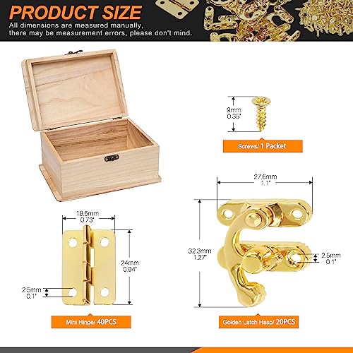 Rustark 20 Sets Gold Antique Small Box Hinges Right Latch Hook Hasp Horn Lock Jewelry Box Hardware Antique Brass Latch Hook Clasp Mini Hinges for DIY Crafts Jewelry Wooden Box
