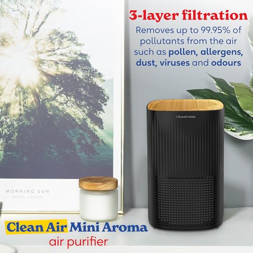 Russell Hobbs Air Purifier for Bedroom and Home 100m³/h CADR, Carbon Filter 99.95% Catches Bacteria, Allergy Odor Dust, LED Screen, Mini Clean Air Scent, Scandi Wood Effect