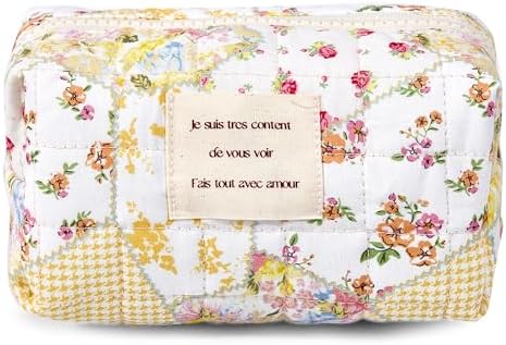 Sminra Floral Makeup Bag Large Cotton Quilted Cosmetic Makeup Bag Organizer, Aesthetic Portable Pouch Purse Toiletry Bag for Women Girls Travel accessories(Blue Floral-L)