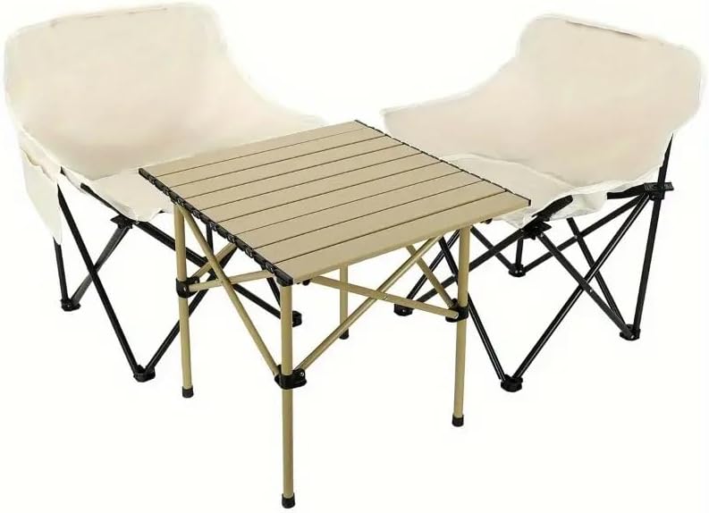 YU WELL Portable Roll-Up Camping Table with 4 Chairs, Lightweight Aluminum Folding Picnic Table Set with Carry Bag, Waterproof, Rust-Resistant Outdoor Table & Chair for Camping 95X55X50CM Black - Beige Table 53X50X50CM With 2 Chairs