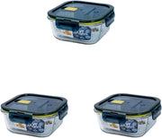 Mondex Borosilicate Glass Round Food Saver with food Storage Container Lunchbox 600ml Capacity, Openable and Secure Air Vent, Silicone Seal, Plastic Lid - Square 800ml (Pack of 3)