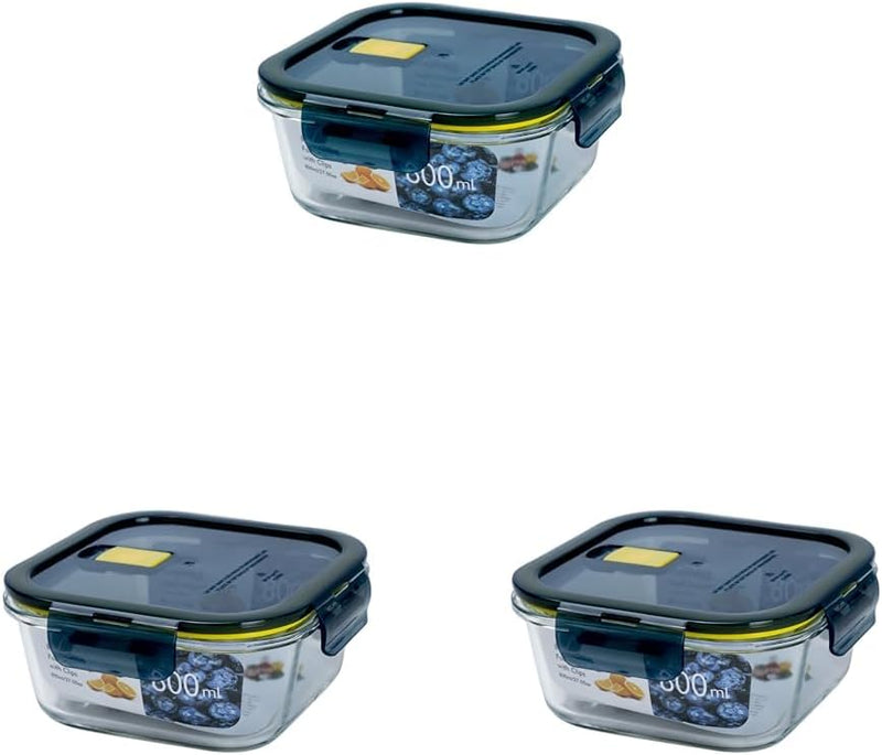 Mondex Borosilicate Glass Round Food Saver with food Storage Container Lunchbox 600ml Capacity, Openable and Secure Air Vent, Silicone Seal, Plastic Lid - Square 800ml (Pack of 3)