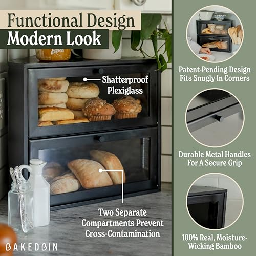 BakedBin Corner Bread Box for Kitchen Countertop - New 2025 Airtight Design - Extra Large Double Layer Bread Boxes, Vintage Bread Storage for Homemade Bread, Under Cabinet Organizer, Black BreadBox