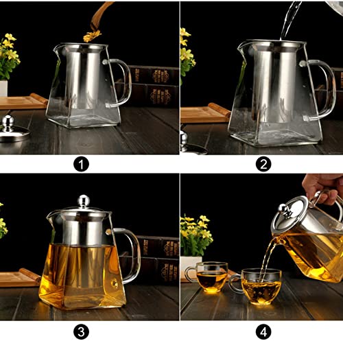 VUCATIN Square Glass Tea Pot, Borosilicate Glass Teapot, Loose Leaf Tea Kettle, 950 ml Borosilicate Glass Heat Resistant Clear Leaf Teapot with Infuser Strainer for Microwavable and Stovetop Safe