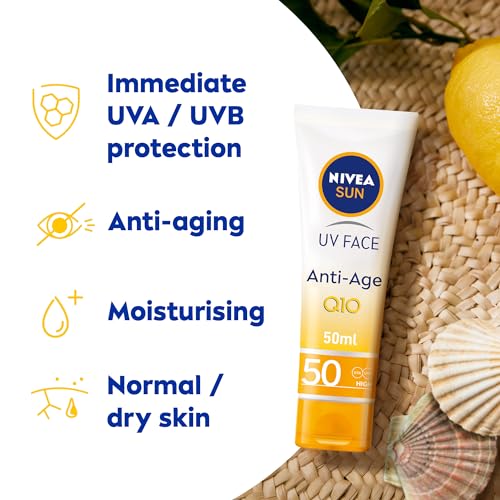 NIVEA SUN Face Cream, SPF 50, High UVA and UVB Protection, with Q10 Technology, Anti-Age, Water Resistant, Non-Greasy, 50ml