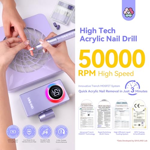 Saviland 50000 RPM Electric Nail Drill Kit - 6000mAH Electric Nail File with Ambiance Light for Acrylic Nails with 13 Nail Drill Bits Nail File Nail Buffer for Nails Manicure Kit Home DIY Salon Use