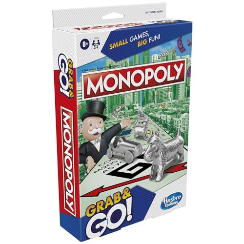 Monopoly Grab and Go Game for Kids Ages 8 and Up, Portable Game for 2-4 Players, Travel Game for Kids