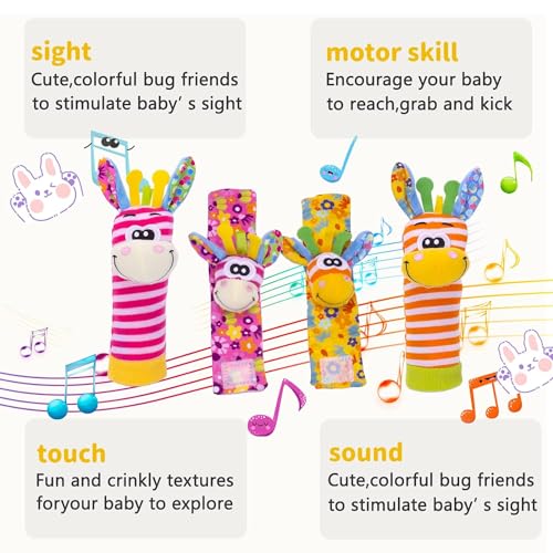 YLMKDE Wrist Rattles and Socks Set - Soft Sensory Toys for Babies, Cartoon Animal Early Development Toy - Shower Gift for Newborn Infant Boy Girl 0 to 3 Years Old