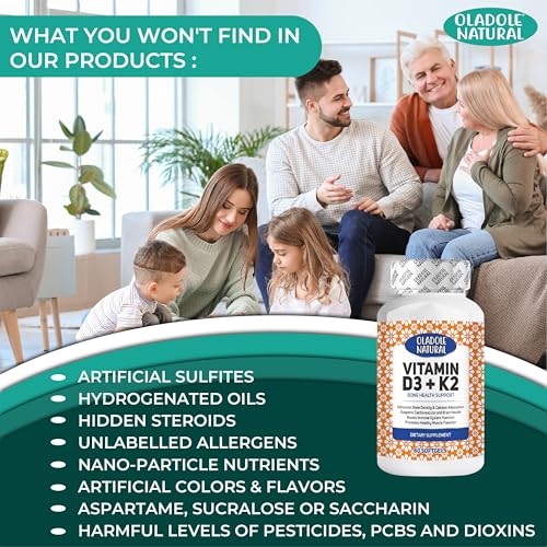 Oladole Natural Vitamin D3 4000 IU + K2 Supplement â€“ 60 Softgels Supports Bone Health, Immunity, Healthy Muscle Function, and Bone Density | Gluten-Free, Non-GMO