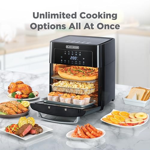 BLACK+DECKER Digital Air Fryer Oven, 1700W, 15L Family-Sized Capacity, Touch Control, 10 Preset Functions, 80-220°C Adjustable Temp, Rapid Air Convection, Smoke-Free Cooking, Black - AOF150-B5