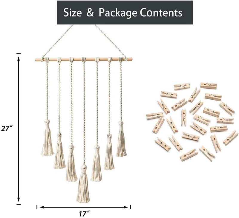 Hanging Photo Displays Macrame Wall Hanging Picture Organizer with 25 Wood Clips Boho Hone Decor for Home, Living Room, Bedroom, Best, Ivory White, 42.5" LÃ17" W
