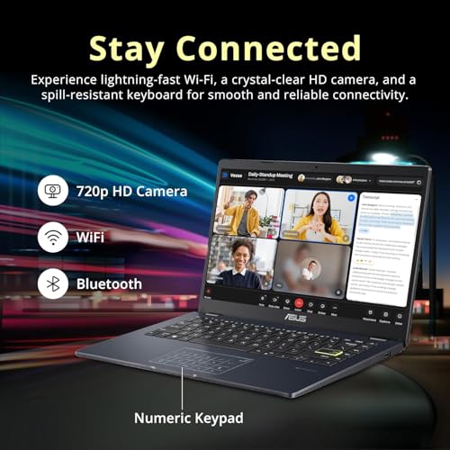 ASUS 14" Laptop for Business and Students, 14" FHD Display, Intel Celeron N4500, 1 Year Microsoft 365, 4GB Memory, 64GB eMMC, NumberPad, Webcam, HDMI, WiFi, Windows