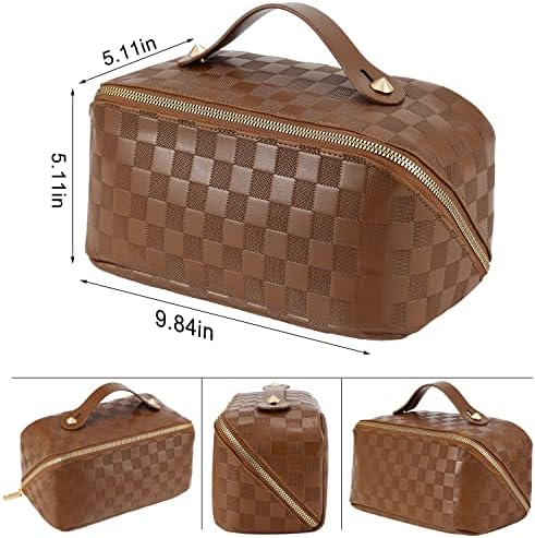 ALEXTINA Large Capacity Travel Cosmetic Bag - Portable Makeup Bags for Women Travel Toiletry Bag Waterproof Leather Checkered Makeup Organizer Bag, Roomy Cosmetic Bag for Women and Girls, Black,