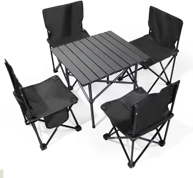 YU WELL Portable Roll-Up Camping Table with 4 Chairs, Lightweight Aluminum Folding Picnic Table Set with Carry Bag, Waterproof, Rust-Resistant Outdoor Table & Chair for Camping 95X55X50CM Black - Black Table 53X50X50CM With 4 Chairs