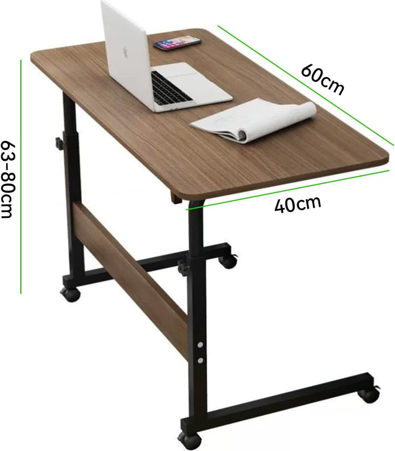 Adjustable Laptop Desk with Wheels Portable Rolling Table, Metal Frame, Height Adjustable, for Bed, Coffee Table, Home Office, 60 x 40 x 80 CM Brown