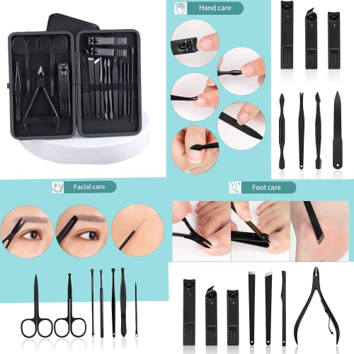 Professional Nail Clippers Set 18 pcs, KASTWAVE Black Stainless Steel Sharp Nail Trimmer Pedicure and Manicure Set with Cortex Metal Case for Men and Women