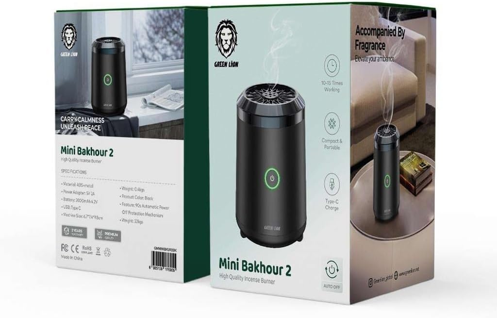 Green Lion Smart Bakhour Rechargeable Electric Car Incense Burner, USB-C Portable Mini Burner, Aluminum Alloy Design, Strong Power for Fast Burning, Long-Lasting Fragrance - Green