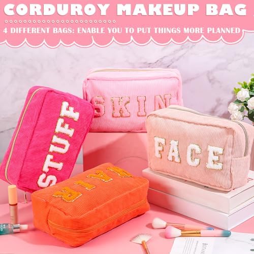 Pinkunn 4 Pcs Preppy Makeup Bags Christmas Chenille Letter Bag Face Skin Hair Stuff Cosmetic Bag Corduroy Makeup Pouch with Zipper Birthday Gifts for Women(Purple, Pink, White, Blue,Corduroy)