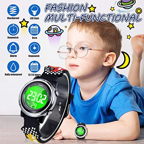 EVCRIERH Kids Digital Watches Toddler 3D Cartoon Wrist Watch 7 Color Luminous Waterproof Sport Watch Electrical Watches with Alarm Stopwatch for 3-10 Year Boys Girls (Black)
