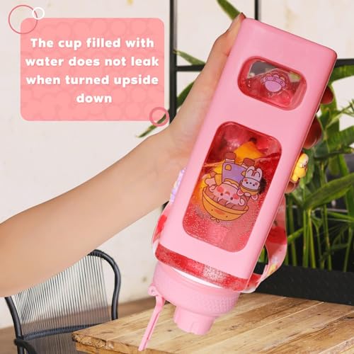 X spring Water Bottle for Girls, 700ml Portable Cute Kids Water Bottles with Straw, Large Capacity Square Drinking Bottle with Adjustable Shoulder Strap, Suitable for School and Travel Use