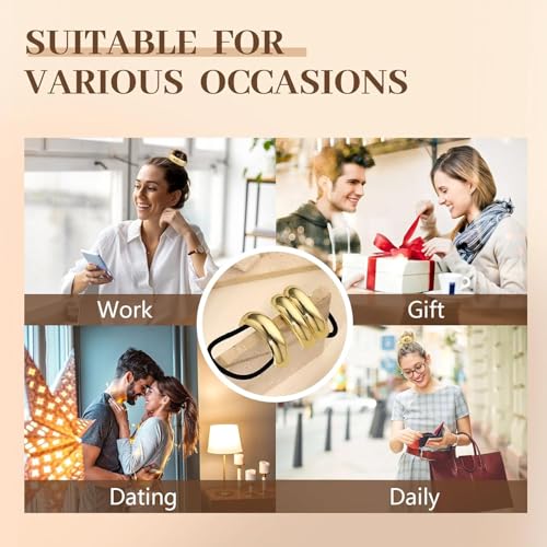 3PCS Metal Hair Ties, Elastic Gold Hair Ties for Think Hair, Elegant and Durable Geometric Design, Stretchy and Non-Damage, Gold Hair Accessories Ponytail Holders, 3 Styles in Box