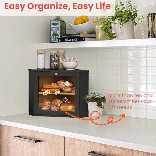 SPNOR Corner Bread Box for Kitchen Countertop, Black Bread Storage Container for Homemade Bread, Two Layer Breadbox under Cabinet Mount, Large Bread Holder for Kitchen Counter, Panry Shelf