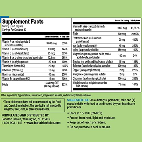 Bariatric Choice Once-Daily Bariatric Multivitamin with 45 mg of Iron | Easy to Swallow Capsule | Vitamin for Bariatric Surgery Patients | 30 Count (1-Month Supply)