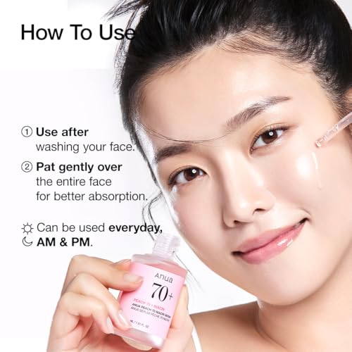 ANUA Peach 70 Niacinamide Serum, Lightweight Hydration for Dry Skin, Vitamin B12, Hyaluronic Acid, Glass Skin, Dewy Finish, Natural Pink Color, Korean Skin Care, 30ml/1.01 fl.oz