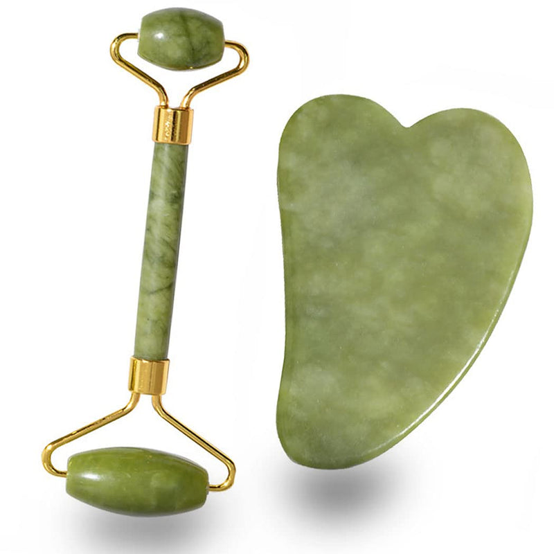 REVHQ Jade Roller for Face and Gua Sha Set Face Roller Natural Jade Stone for Anti Aging,Eye Puffiness Wrinkles,Skincare Massage Tools for Face Eyes