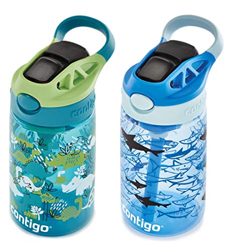 Contigo Kids Water Bottle with Redesigned AUTOSPOUT Straw, 14 oz., Dinos & Sharks, 2-Pack