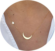 Diamond Solitaire Pendant Necklace for Women Dainty 14K Gold Plated Tiny CZ Diamond Choker Necklace Layered Cubic Zirconia Moon Round Dot Necklaces Wedding Bridesmaid Jewelry Gifts - Sideways Moon+Star-Gold