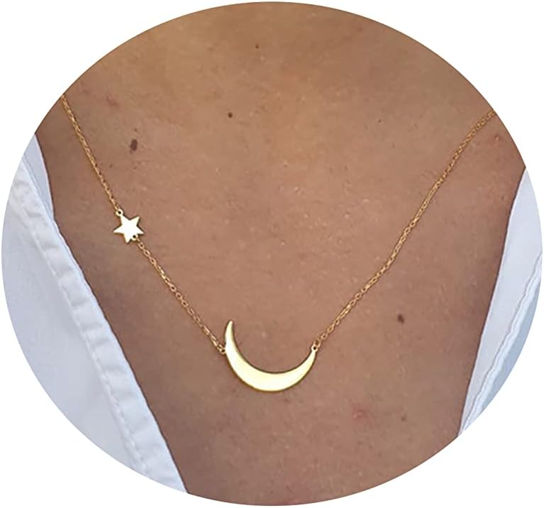 Diamond Solitaire Pendant Necklace for Women Dainty 14K Gold Plated Tiny CZ Diamond Choker Necklace Layered Cubic Zirconia Moon Round Dot Necklaces Wedding Bridesmaid Jewelry Gifts - Sideways Moon+Star-Gold