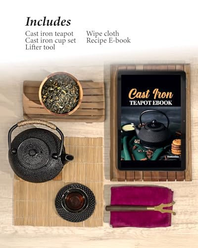 Cast Iron Teapot Gift Set Japanese Style (6pcs)â€“Stovetop Safe with Infuser,Lifter&Clothâ€“Durable Loose Leaf Kettle&Cups for Home,Camping,Outdoor Useâ€“Traditional Asian Tea Set