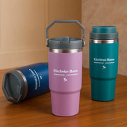 Kitchwise Home 30oz Flip Straw Tumbler with Handle Insulated Stainless Steel Coffee Mug Leak-Proof Insulated Travel Mug for Gym Sports Outdoors Comfort-Grip Handle- BPA free (Black)