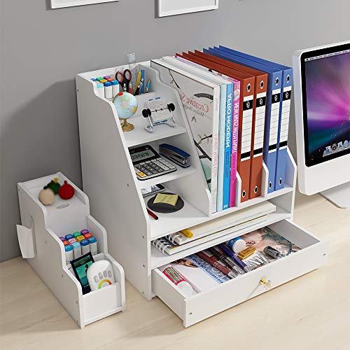 BlayaAdd Desk Organizer with Pen Holder, DIY White Office Stationery Desktop Storage Holder Sorter with Drawer for Home, Office and School (PB04)