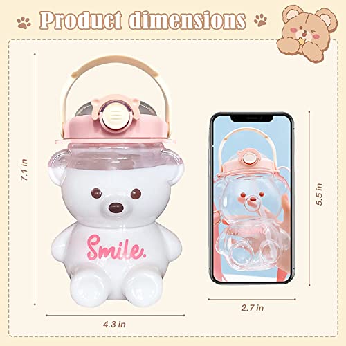 YHRY Kawaii Bear Water Bottle with Straw and Strap, Cute Water Bottles for Kids, Portable Leakproof BPA-free Drinking Cups for Girls Women Sports Camping Picnic Hiking Travel (Pink) (PINK)