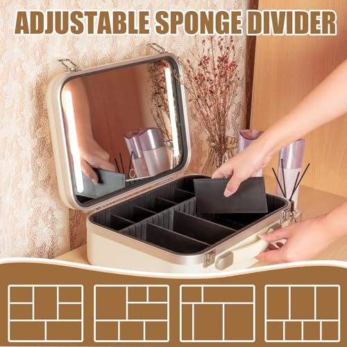 Makeup Travel Case with Mirror - Lighted Cosmetic Bag Organizer with Large LED Light Mirror, Professional Adjustable Divider Storage, Waterproof Portable Make up Train Box Accessories And Tools Case