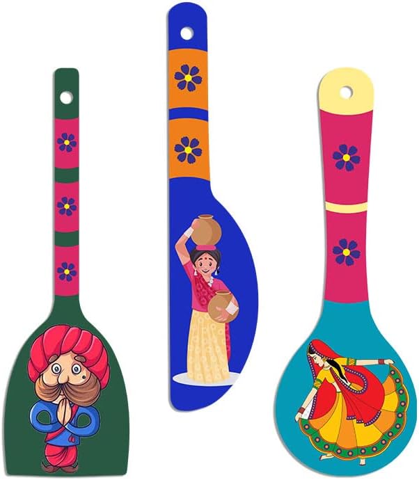 Artvibes Rajasthani Culture Wooden Wall Hanger for Home | Office | Living Room | Gift | Modern Decoration Items | Kitchen Wall Decor | Home Decor Hanging Items (WH_5012N), Set of 3