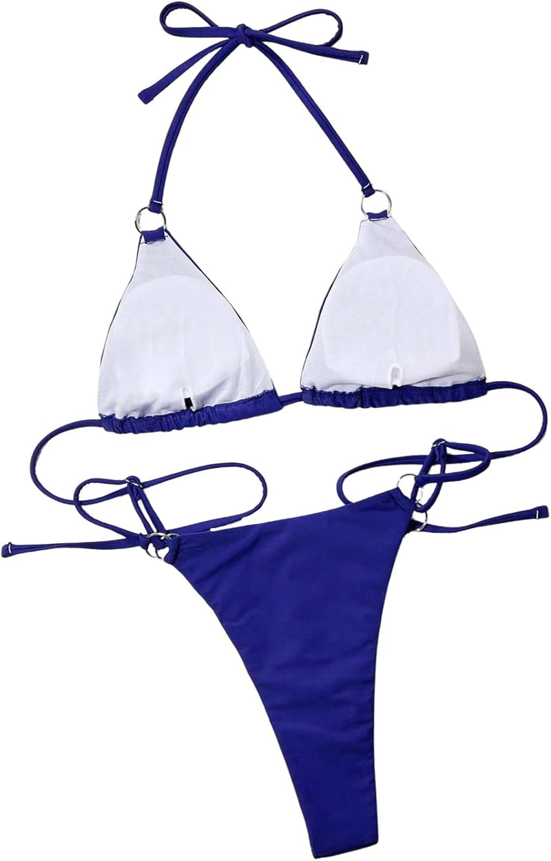 GORGLITTER Women's 2 Piece Ring Linked Tie Back Swimwear Halter Triangle Bikini Swimsuit