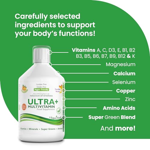 Swedish Nutra - Ultra+ Multivitamin Liquid Food Supplement - Pack of 500 ml, 33 Day Supply | Packed with Vitamins, Minerals, Super Greens & Aminos to Boost Energy & Immunity I Natural Orange Flavour